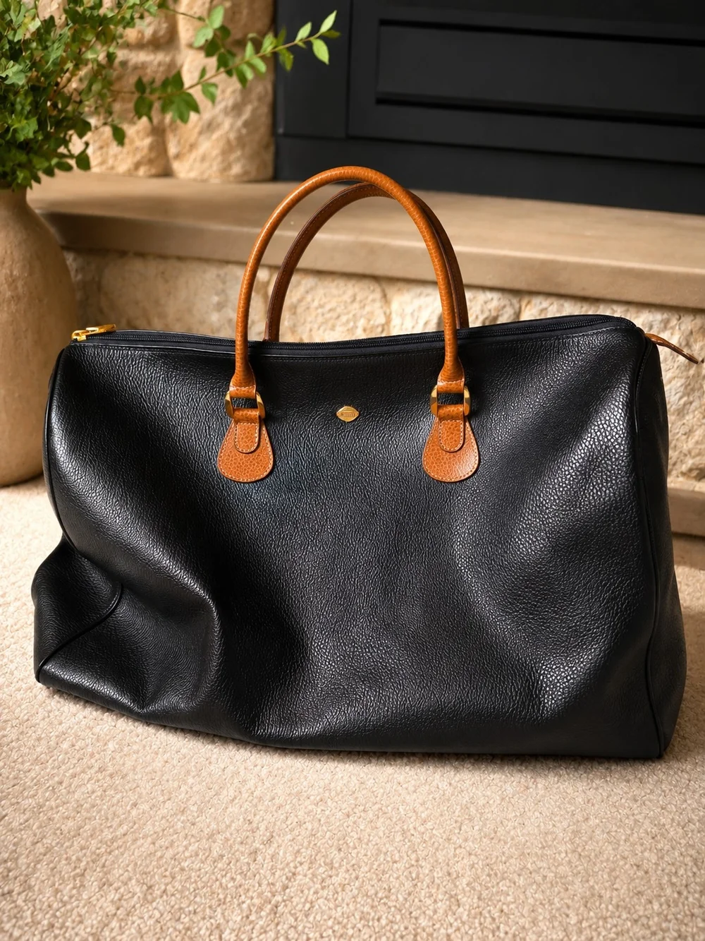 Vintage I Santi Milano Black Pebbled Leather Duffel Weekender Travel Bag